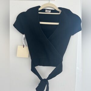 Aritzia Black Ribbed Wrap Crop Top with Tie